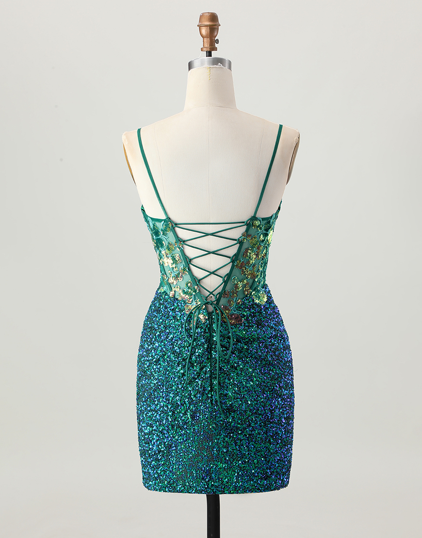 Sparkly Dark Green Sequin Bodycon Corset Short Tight Homecoming Dress