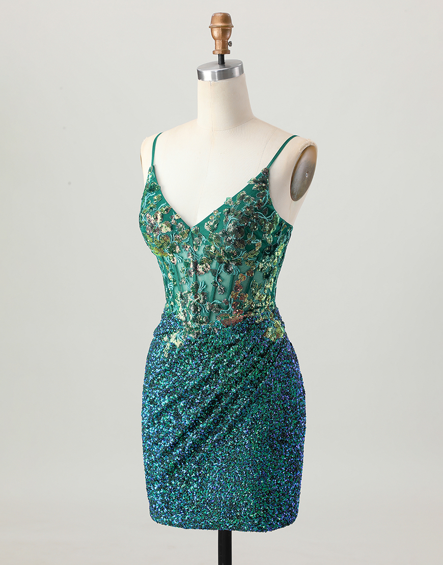 Sparkly Dark Green Sequin Bodycon Corset Short Tight Homecoming Dress