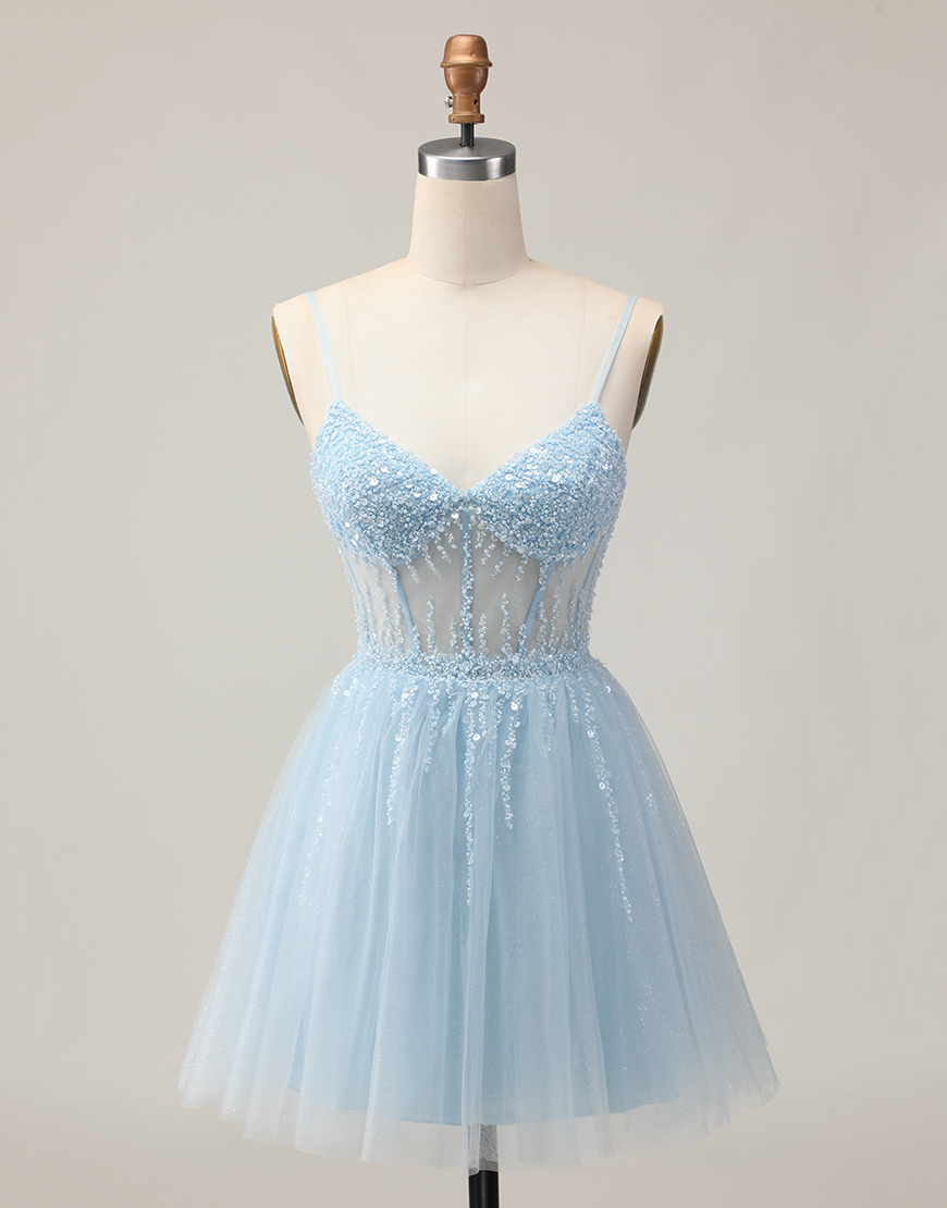 Sparkly Light Blue A Line Short Corset Homecoming Dress with Beading