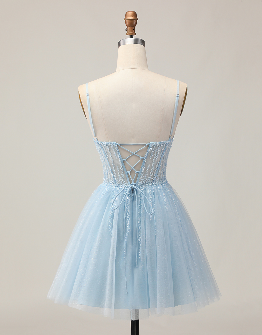 Sparkly Light Blue A Line Short Corset Homecoming Dress with Beading