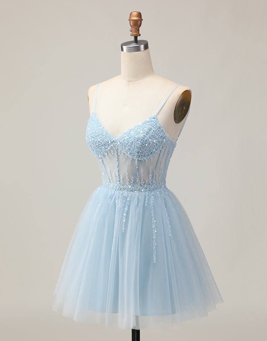 Sparkly Light Blue A Line Short Corset Homecoming Dress with Beading