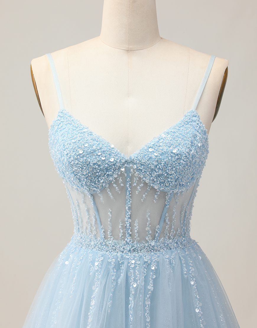 Sparkly Light Blue A Line Short Corset Homecoming Dress with Beading