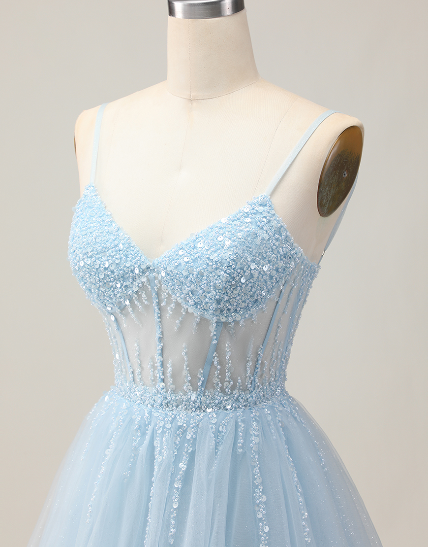 Sparkly Light Blue A Line Short Corset Homecoming Dress with Beading