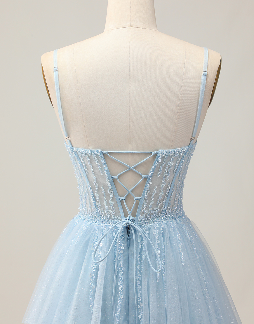 Sparkly Light Blue A Line Short Corset Homecoming Dress with Beading