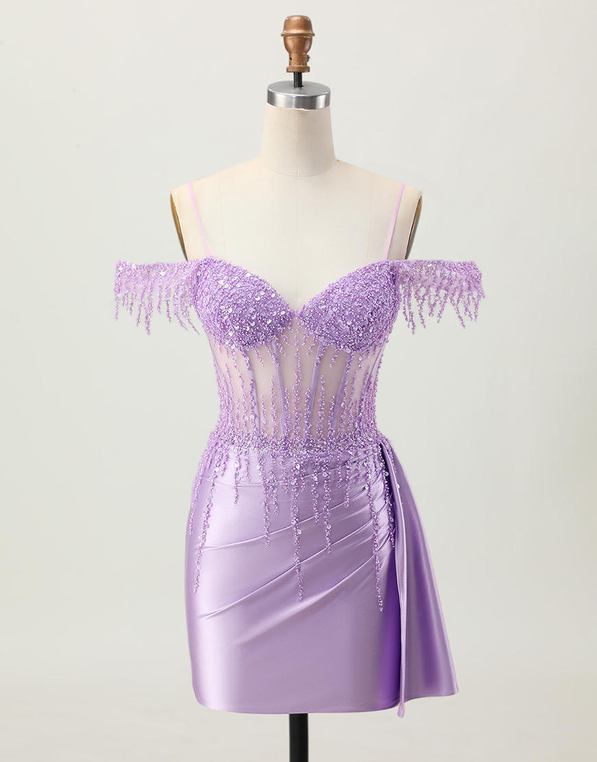 Sparkly Lilac Cold Shoulder Short Corset Homecoming Dress with Sequins