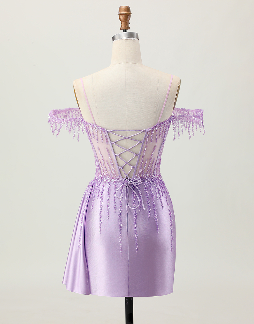 Sparkly Lilac Cold Shoulder Short Corset Homecoming Dress with Sequins