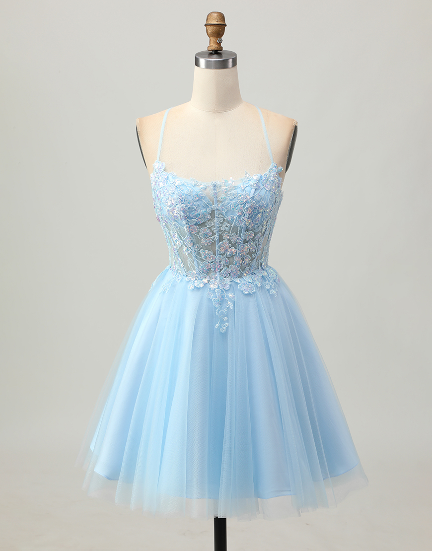 Light Blue Tulle A-Line Corset Short Homecoming Dress with Appliques