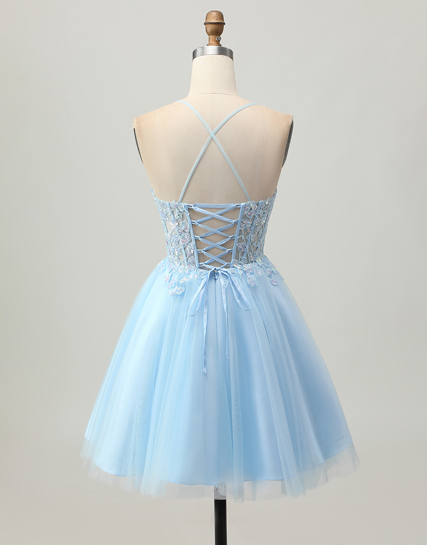 Light Blue Tulle A-Line Corset Short Homecoming Dress with Appliques
