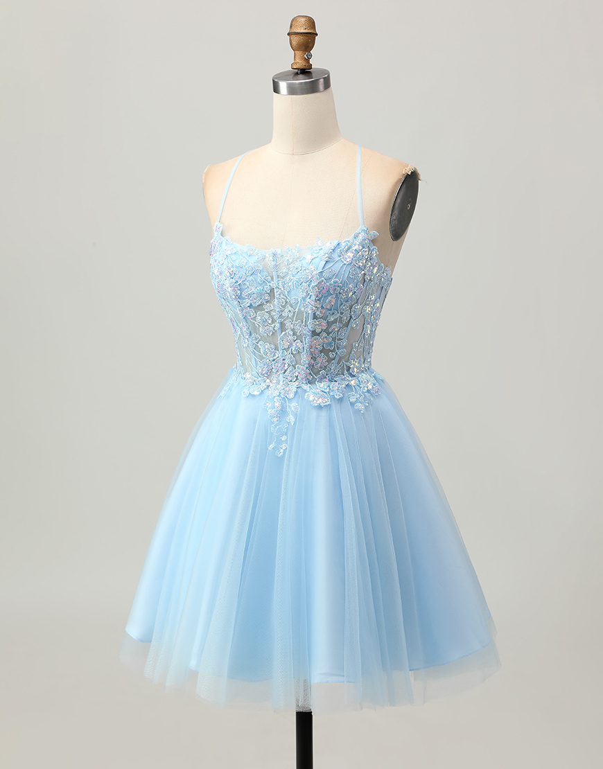 Light Blue Tulle A-Line Corset Short Homecoming Dress with Appliques