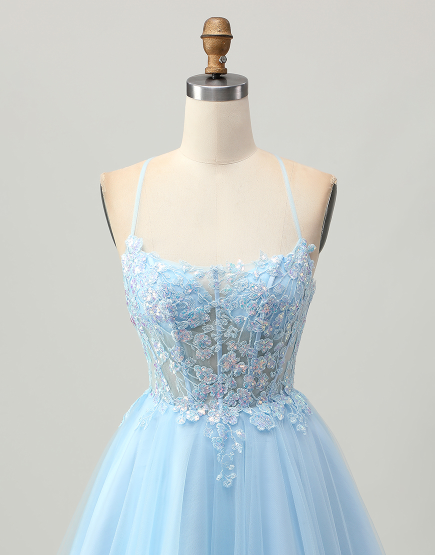 Light Blue Tulle A-Line Corset Short Homecoming Dress with Appliques