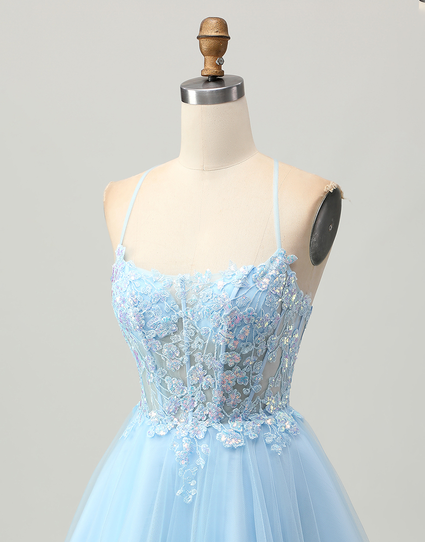 Light Blue Tulle A-Line Corset Short Homecoming Dress with Appliques
