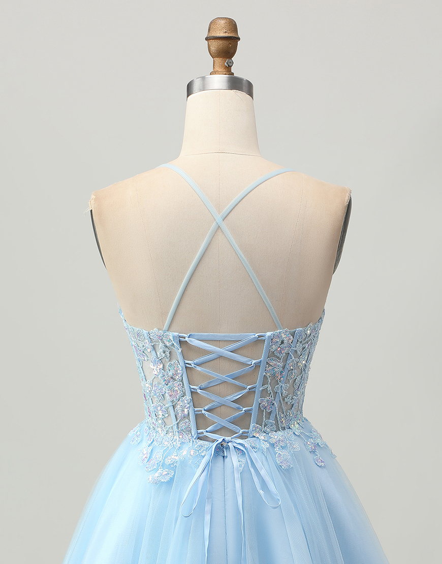 Light Blue Tulle A-Line Corset Short Homecoming Dress with Appliques