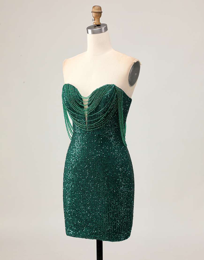 Sparkly Dark Green Sequins Tight Short Homecoming Dress with Beading