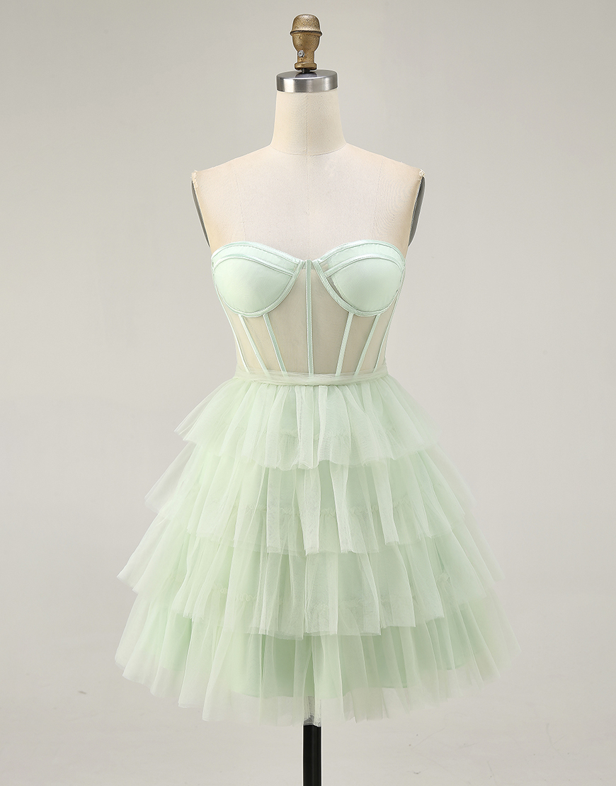 Light Green Sweetheart Tulle Tiered A-Line Short Corset Homecoming Dress