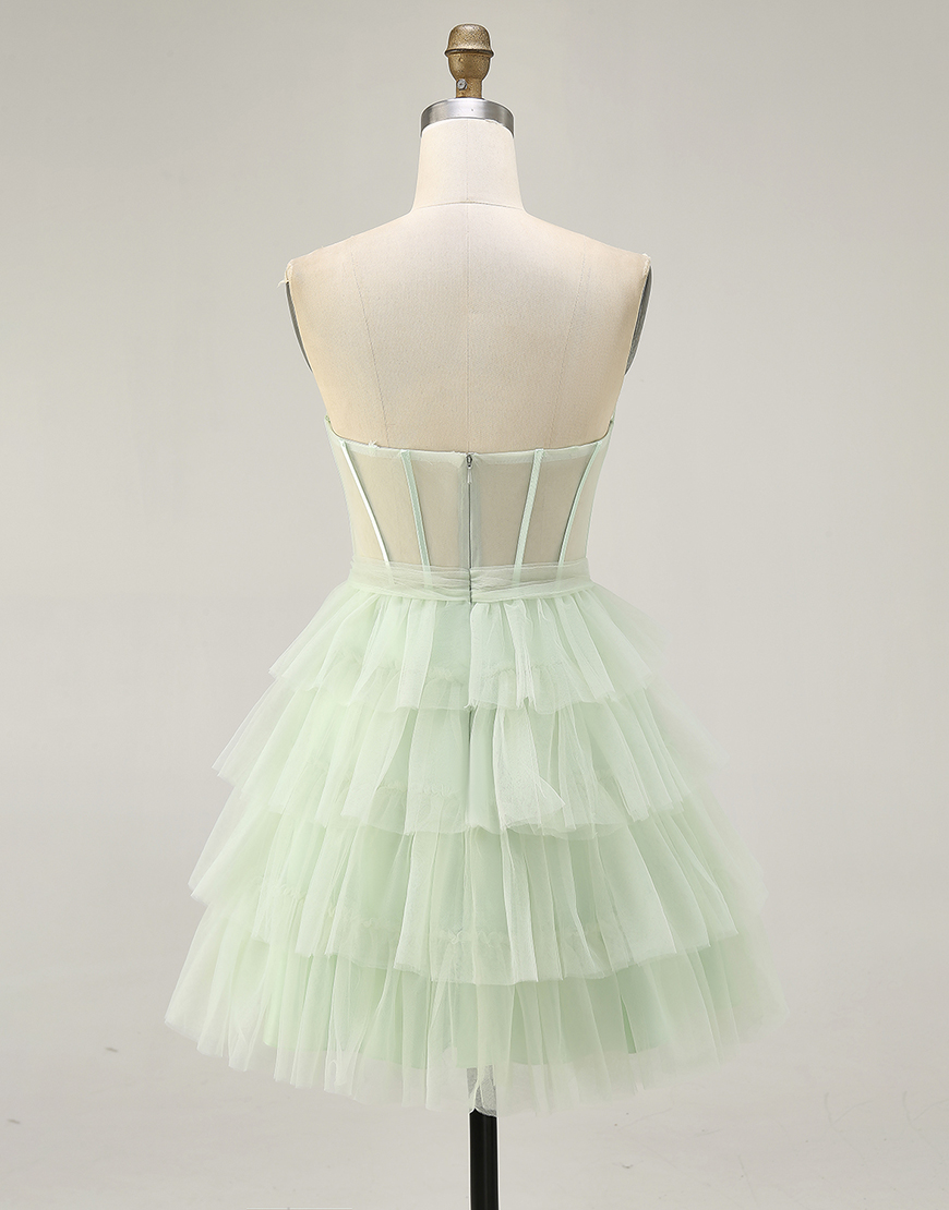 Light Green Sweetheart Tulle Tiered A-Line Short Corset Homecoming Dress