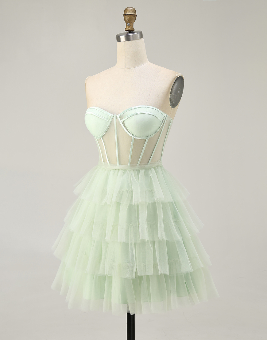 Light Green Sweetheart Tulle Tiered A-Line Short Corset Homecoming Dress