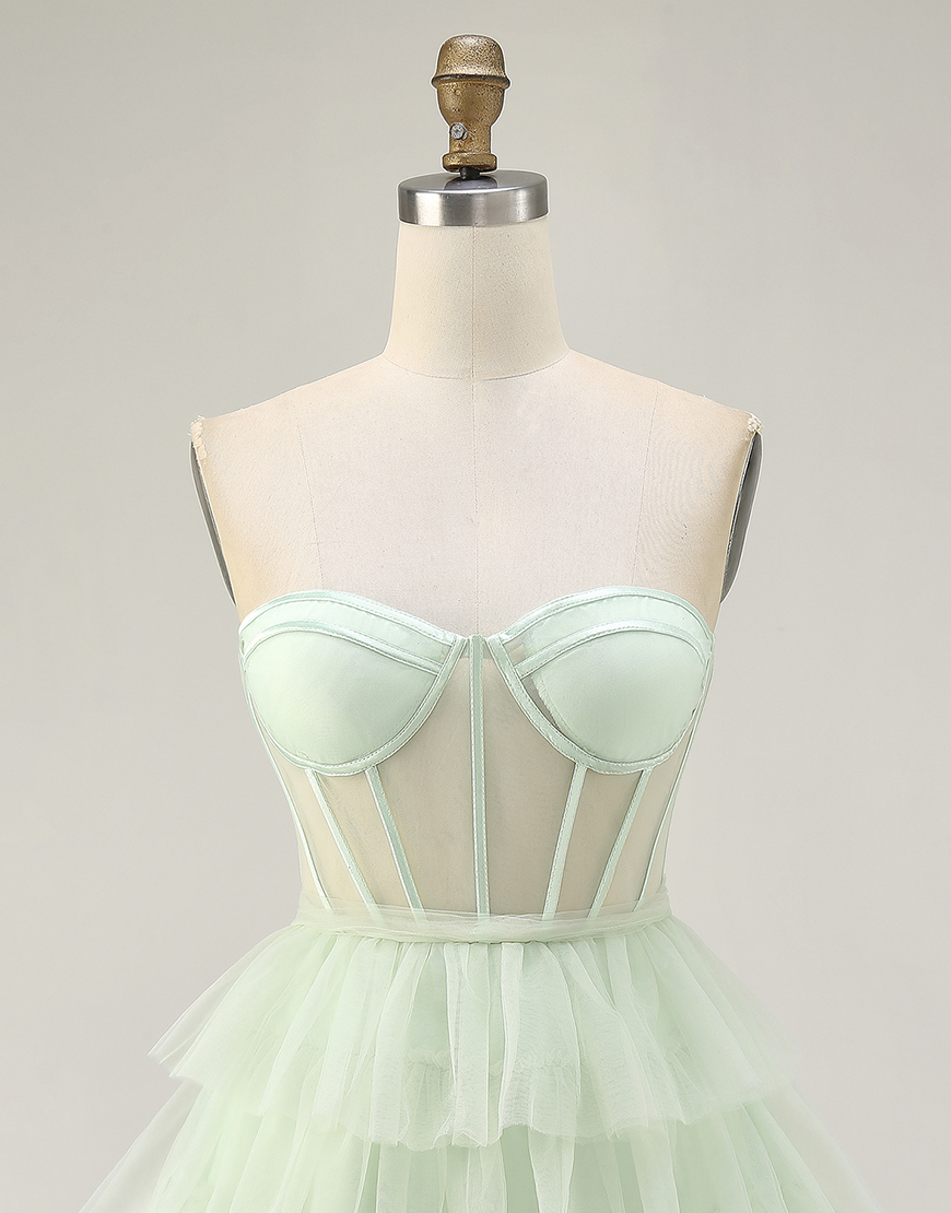 Light Green Sweetheart Tulle Tiered A-Line Short Corset Homecoming Dress