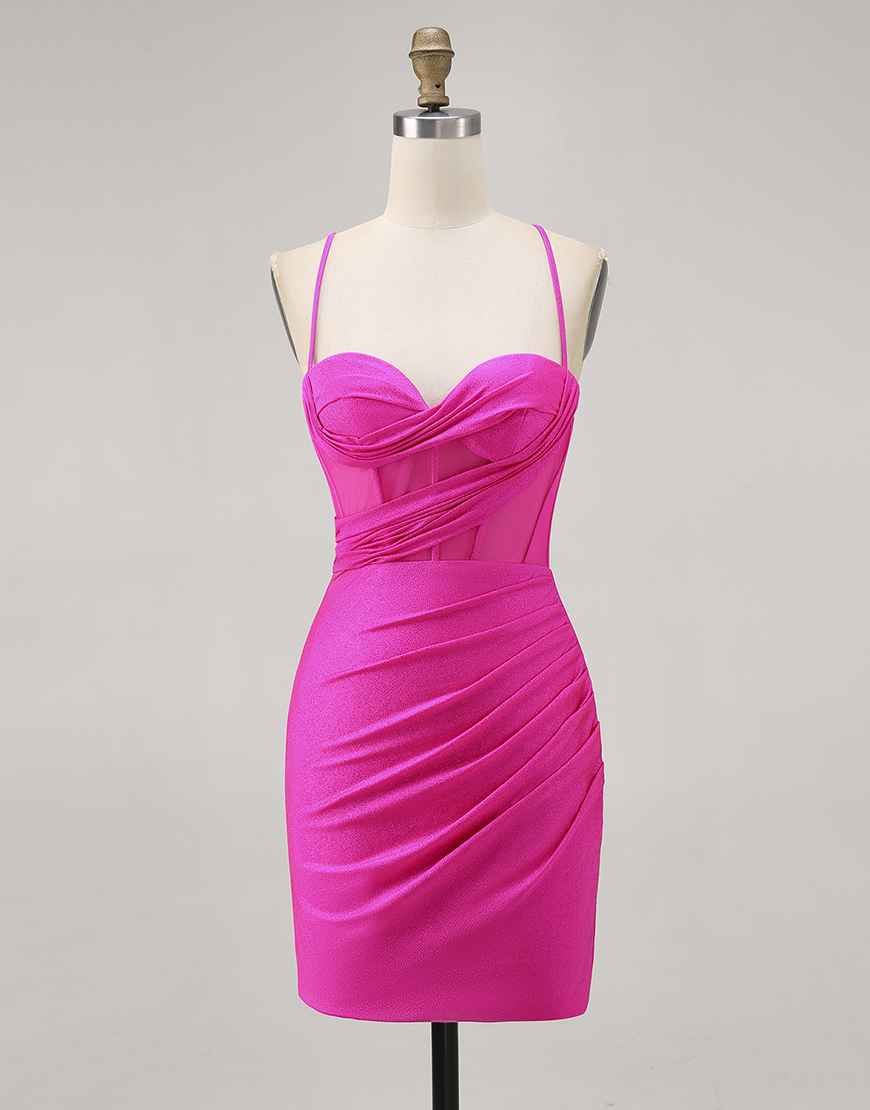 Fuchsia Spaghetti Straps Ruched Bodycon Short Corset Homecoming Dress