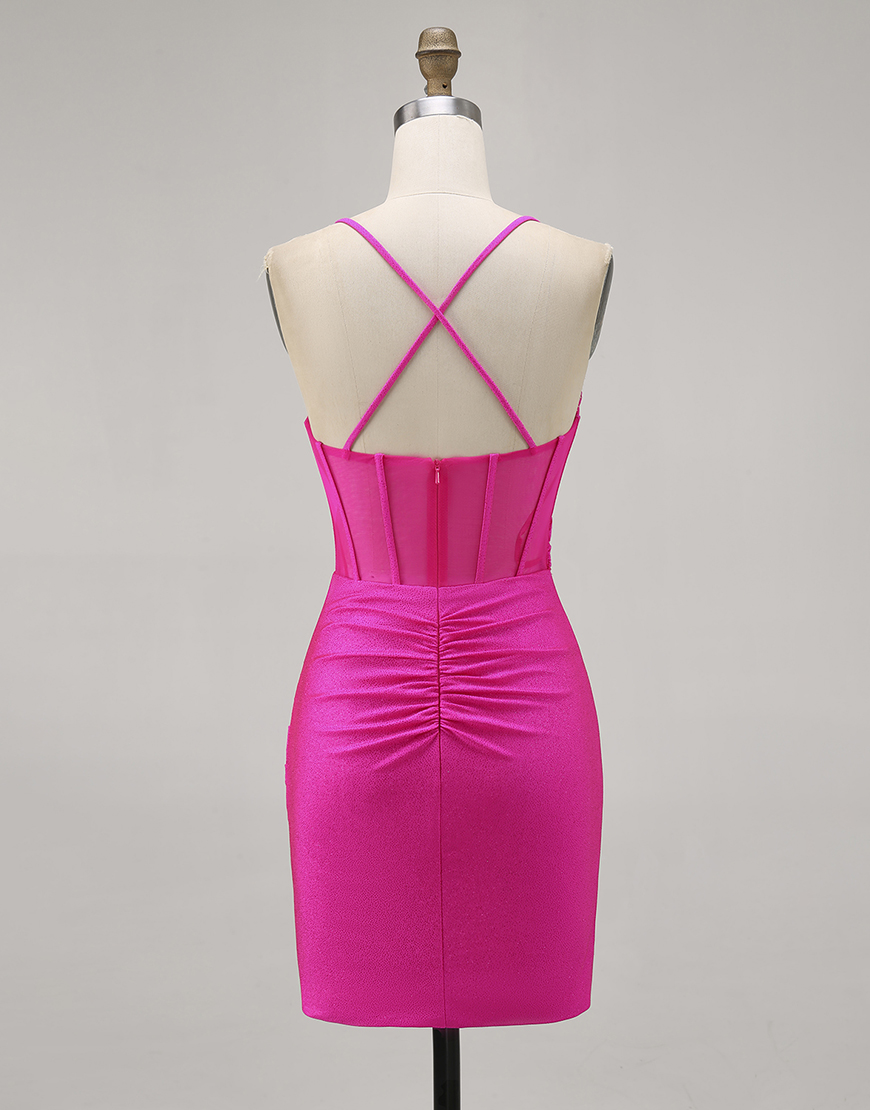 Fuchsia Spaghetti Straps Ruched Bodycon Short Corset Homecoming Dress