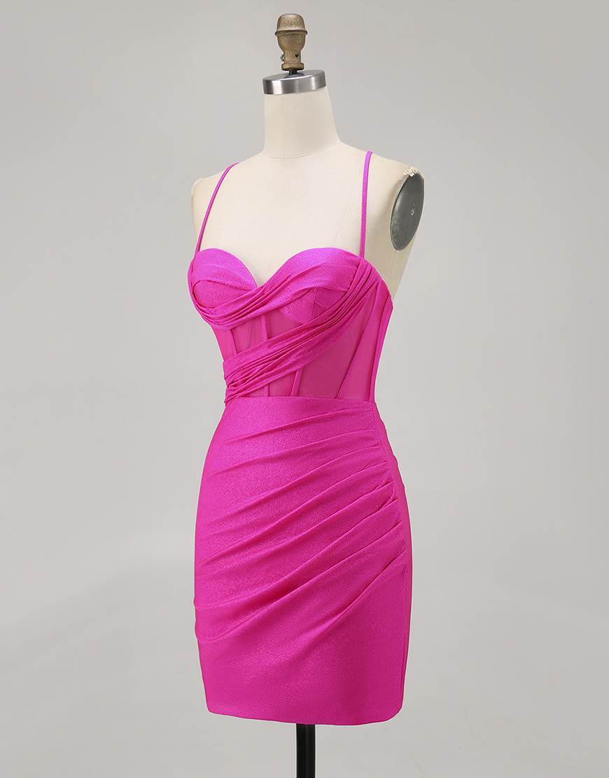 Fuchsia Spaghetti Straps Ruched Bodycon Short Corset Homecoming Dress