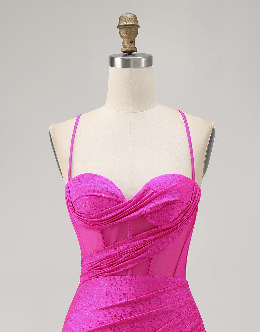 Fuchsia Spaghetti Straps Ruched Bodycon Short Corset Homecoming Dress