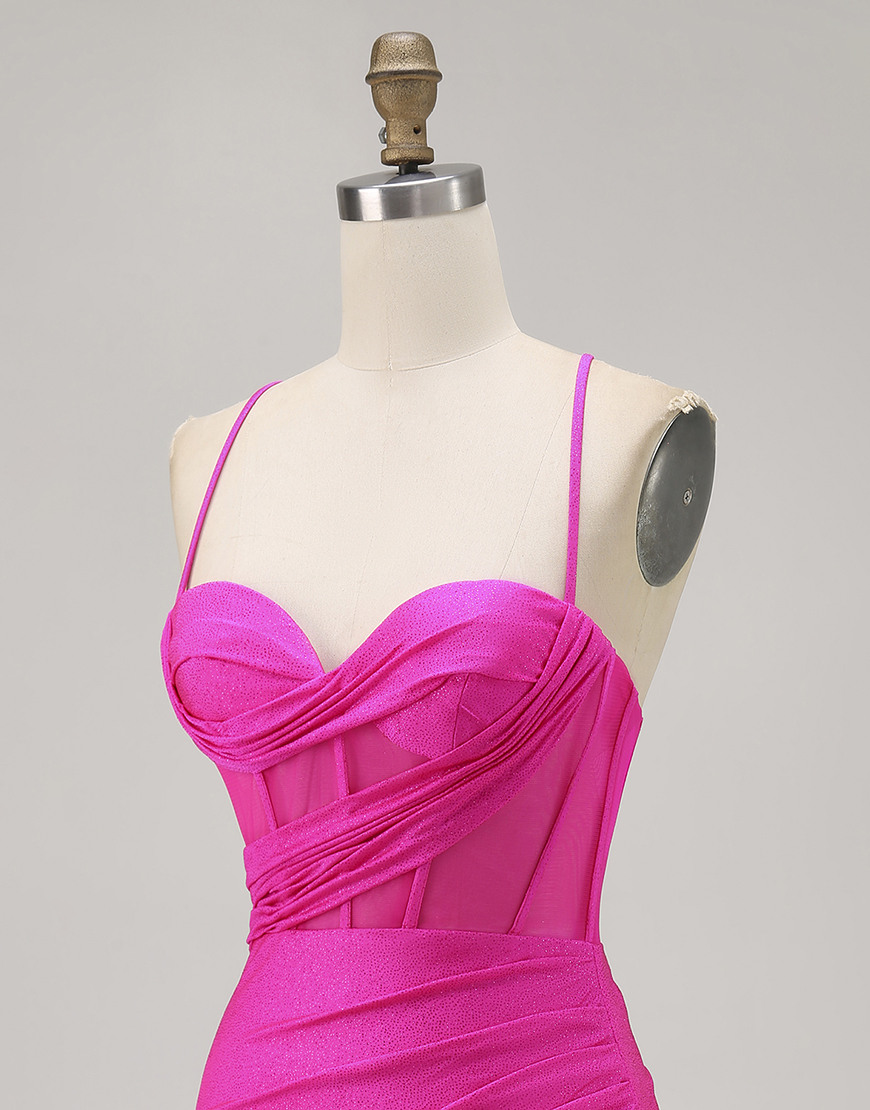 Fuchsia Spaghetti Straps Ruched Bodycon Short Corset Homecoming Dress