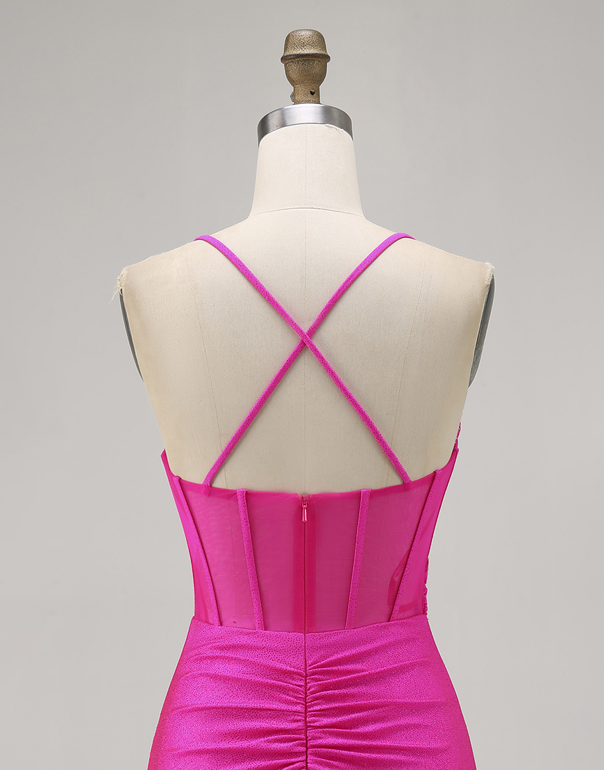 Fuchsia Spaghetti Straps Ruched Bodycon Short Corset Homecoming Dress