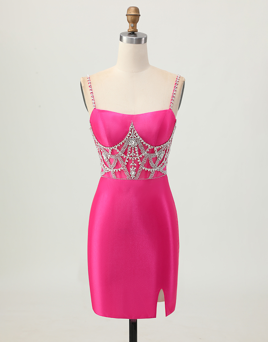 Fuchsia Satin Corset Bodycon Short Homecoming Dress with Beading
