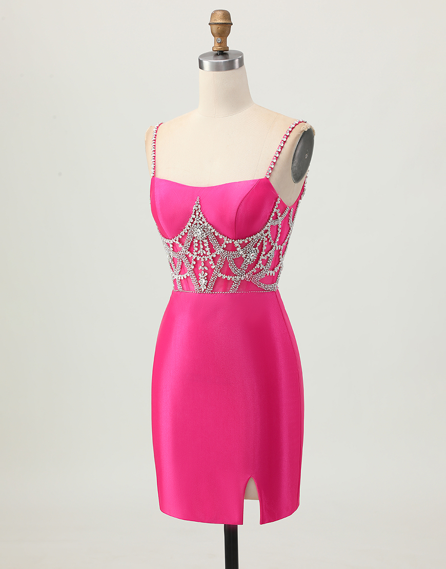 Fuchsia Satin Corset Bodycon Short Homecoming Dress with Beading