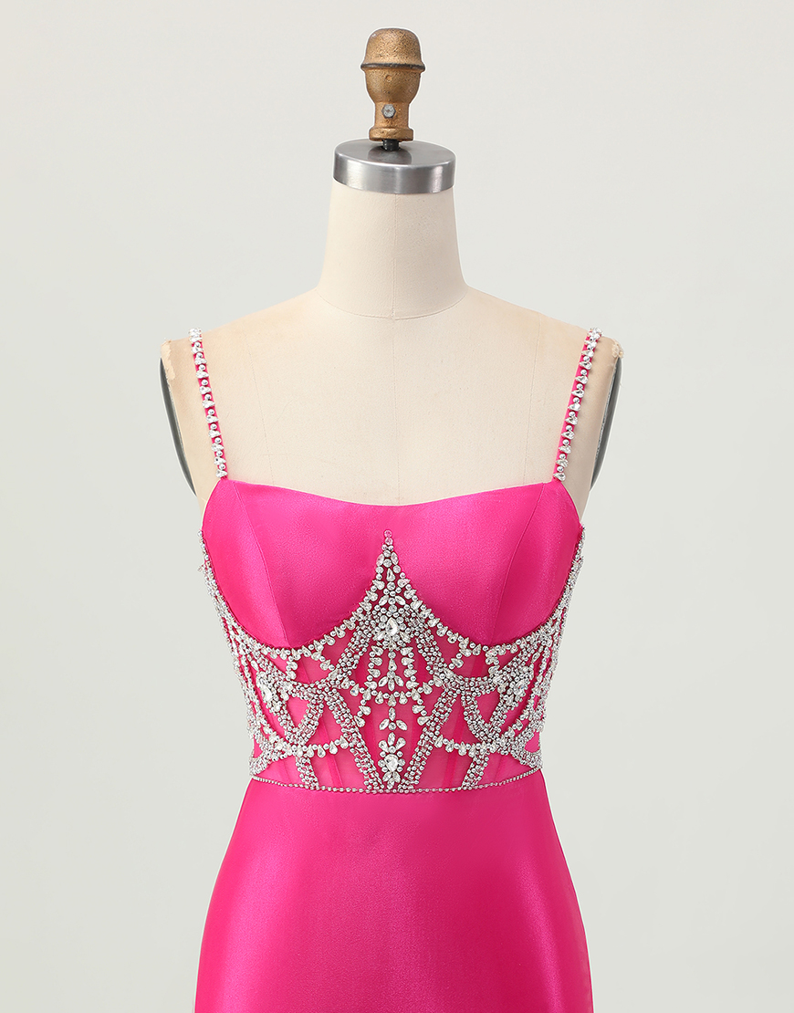 Fuchsia Satin Corset Bodycon Short Homecoming Dress with Beading
