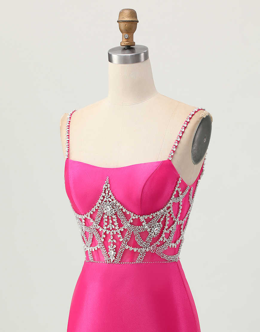 Fuchsia Satin Corset Bodycon Short Homecoming Dress with Beading