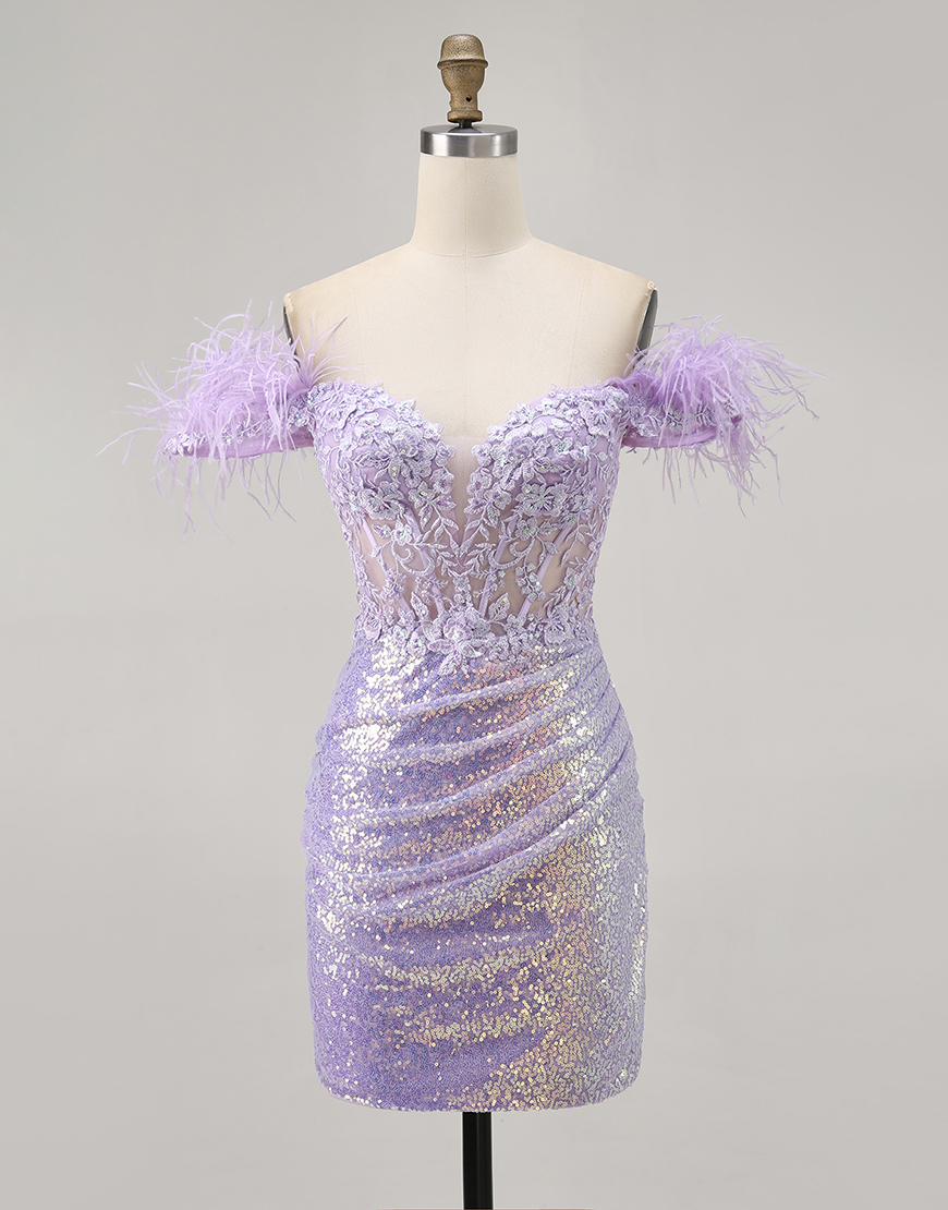 Sparkly Lilac Sequins Bodycon Short Corset Homecoming Dress with Feathers