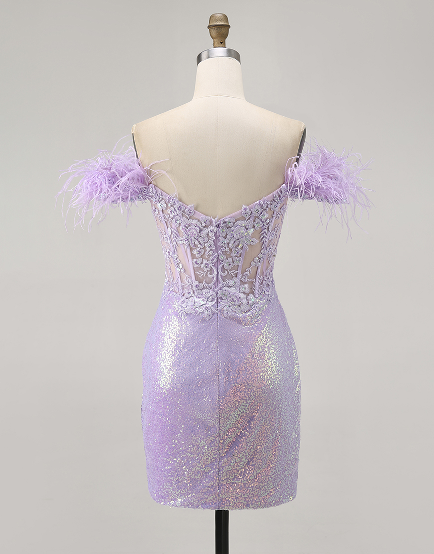 Sparkly Lilac Sequins Bodycon Short Corset Homecoming Dress with Feathers