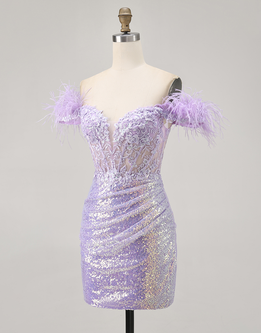 Sparkly Lilac Sequins Bodycon Short Corset Homecoming Dress with Feathers