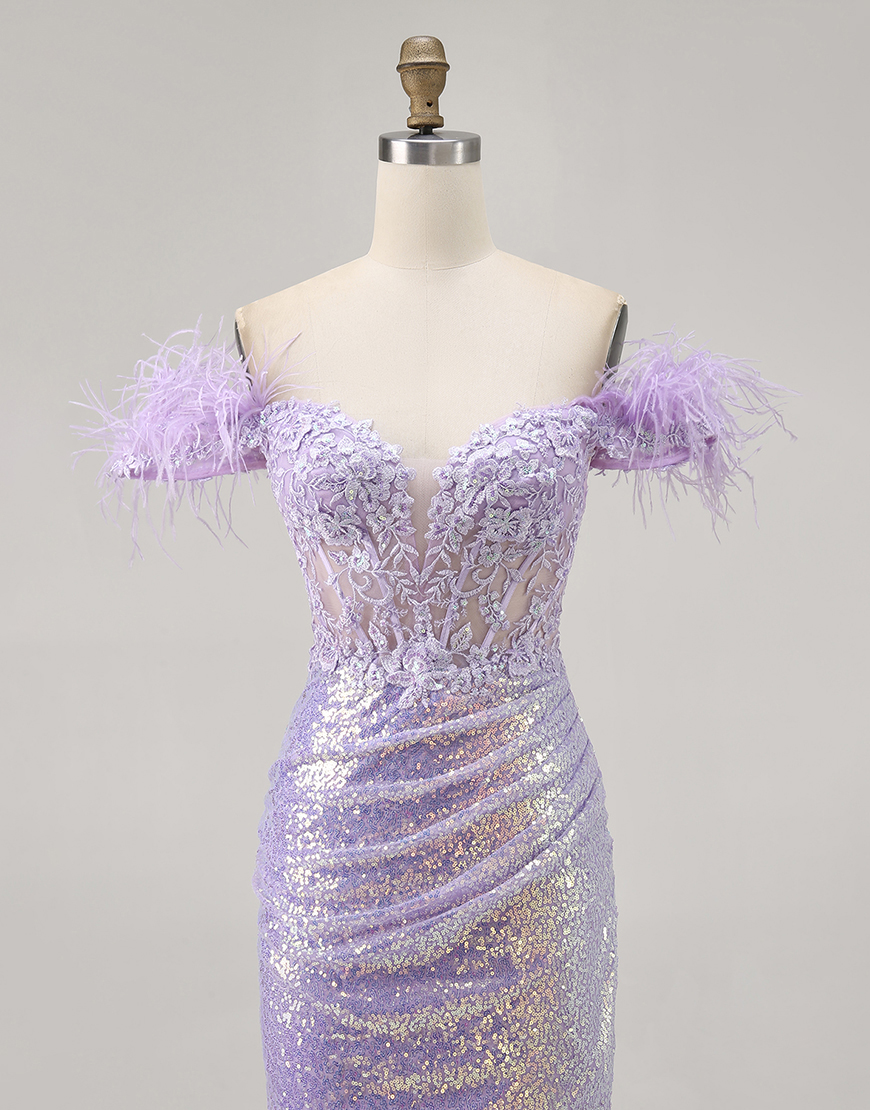 Sparkly Lilac Sequins Bodycon Short Corset Homecoming Dress with Feathers