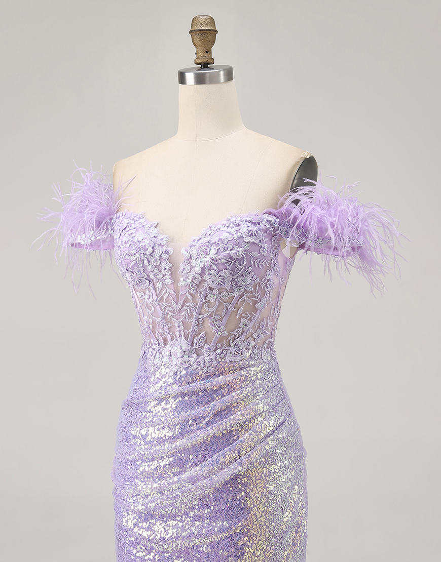 Sparkly Lilac Sequins Bodycon Short Corset Homecoming Dress with Feathers