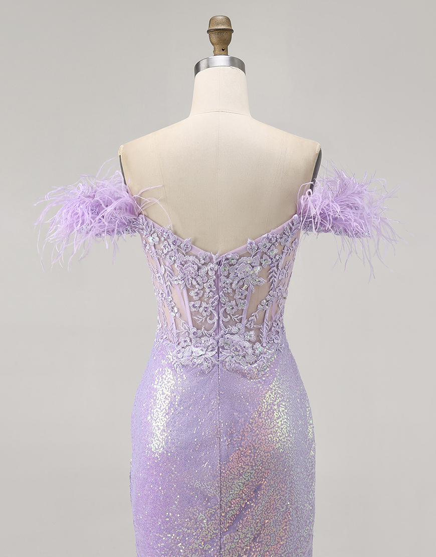 Sparkly Lilac Sequins Bodycon Short Corset Homecoming Dress with Feathers
