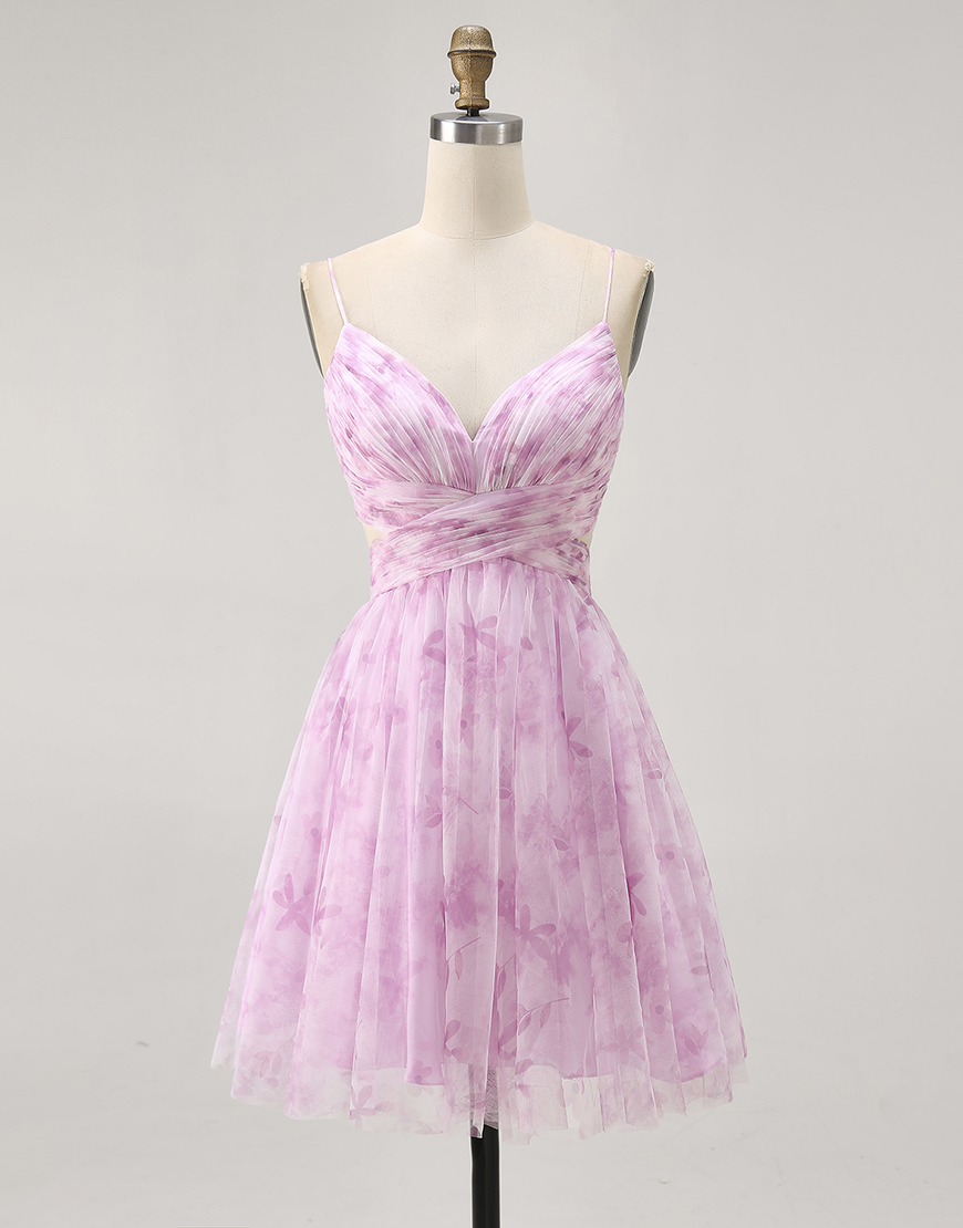 Pink Floral Spaghetti Straps Ruched Lace-Up Back A-Line Short Homecoming Dress