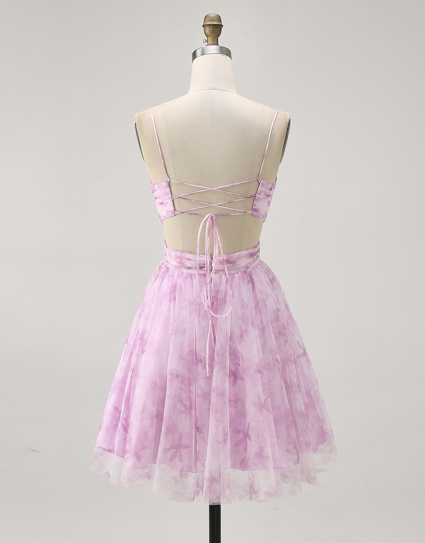 Pink Floral Spaghetti Straps Ruched Lace-Up Back A-Line Short Homecoming Dress