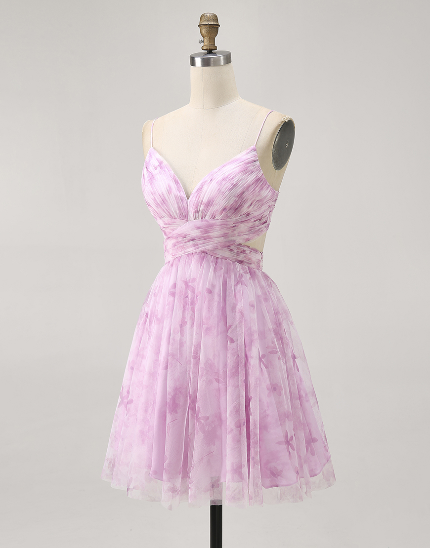 Pink Floral Spaghetti Straps Ruched Lace-Up Back A-Line Short Homecoming Dress