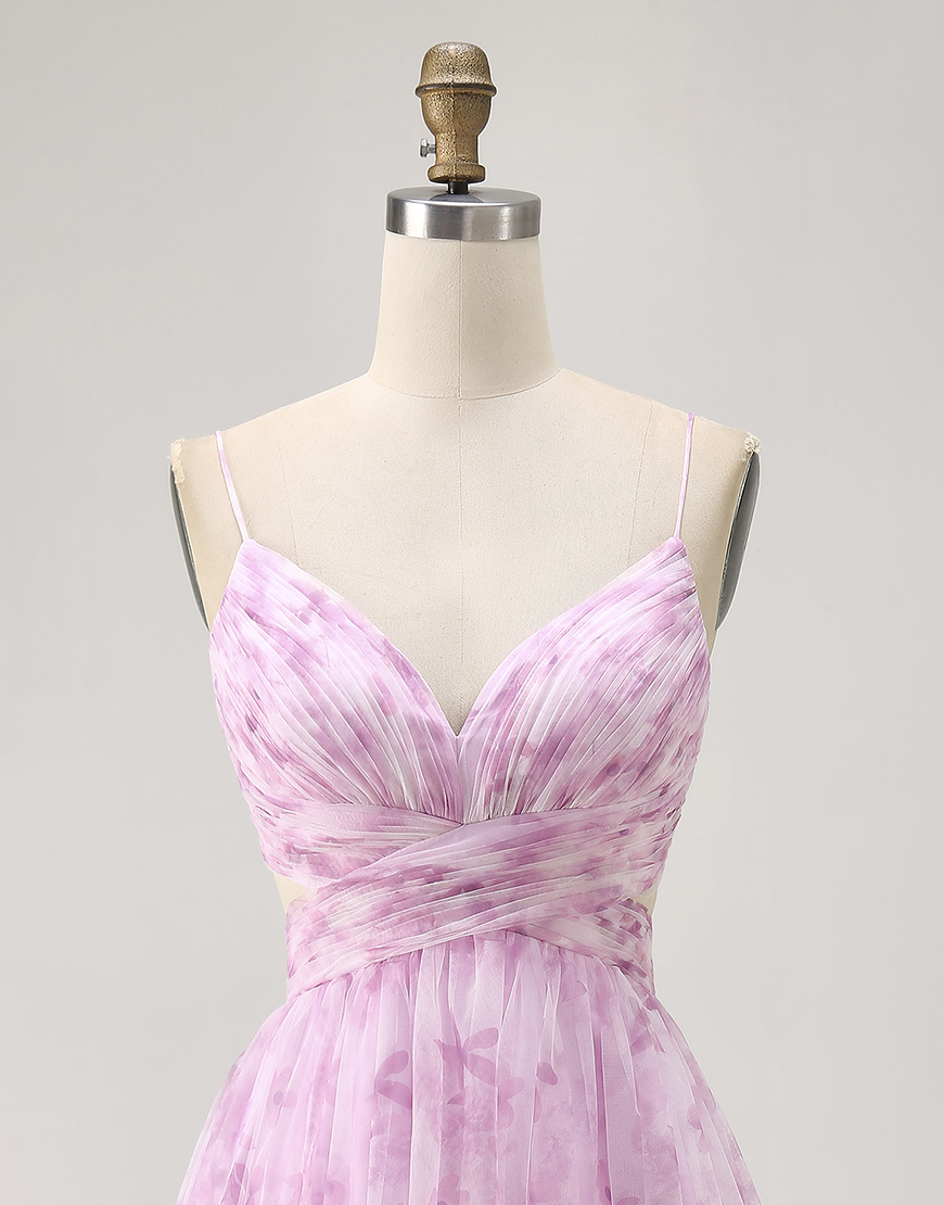 Pink Floral Spaghetti Straps Ruched Lace-Up Back A-Line Short Homecoming Dress