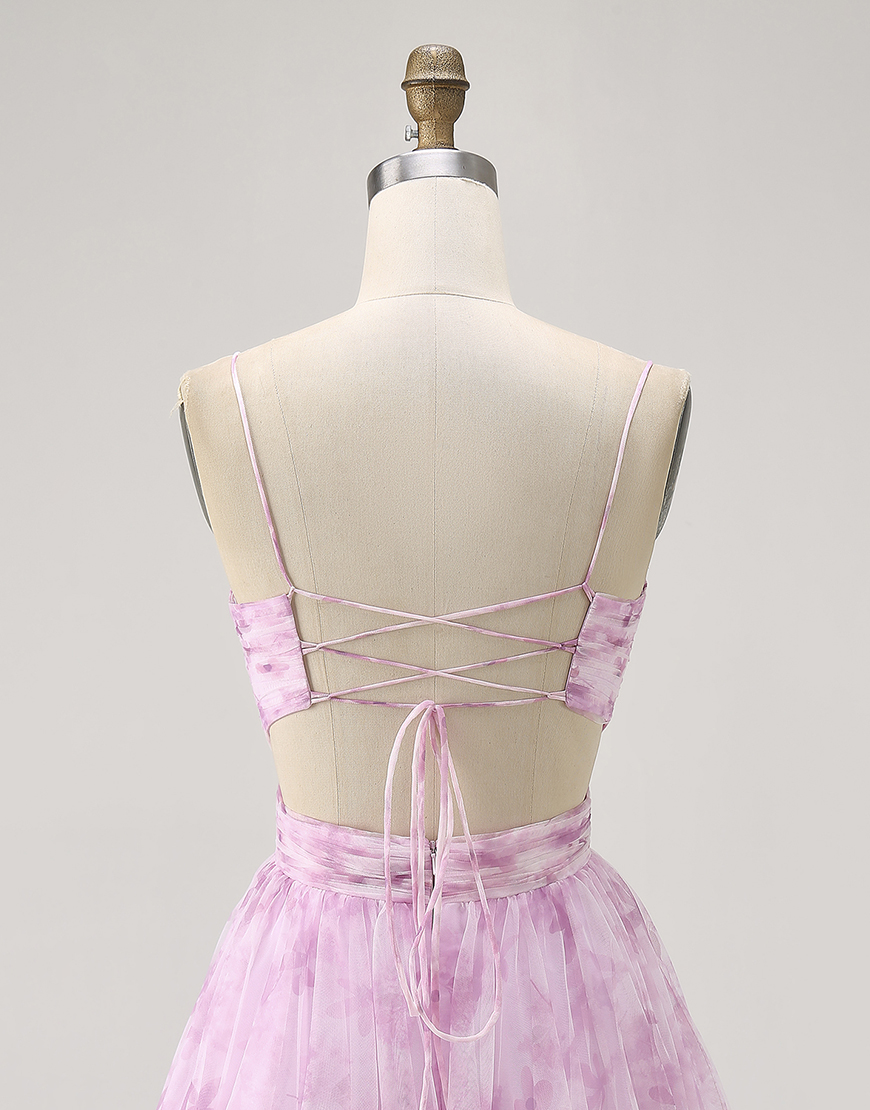 Pink Floral Spaghetti Straps Ruched Lace-Up Back A-Line Short Homecoming Dress