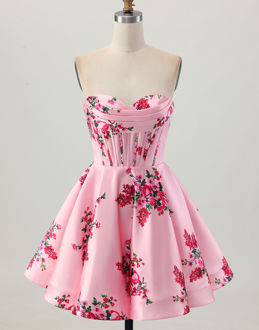 Berlinnova Women Pink Corset Floral Short Homecoming Dress Satin A Line Sweetheart Lace Up Back Cocktail Dress