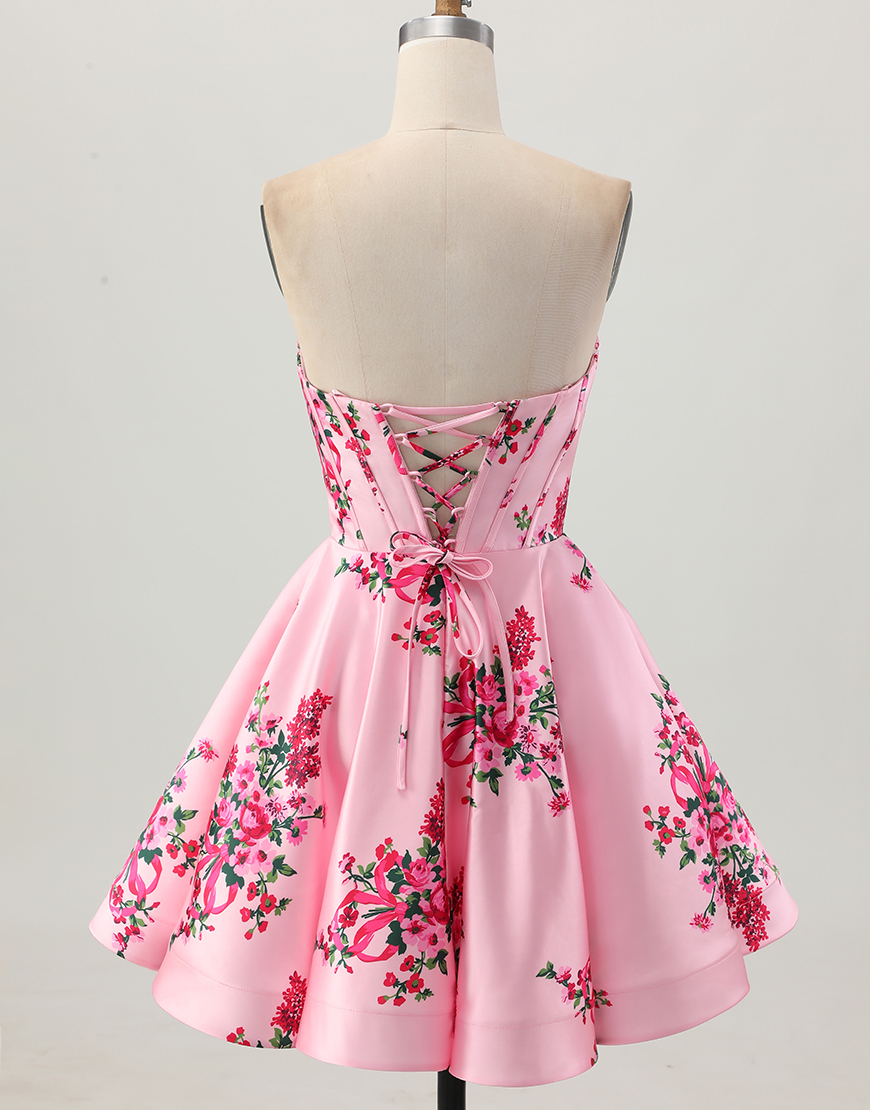 Pink Corset Floral Sweetheart A Line Short Satin Homecoming Dress