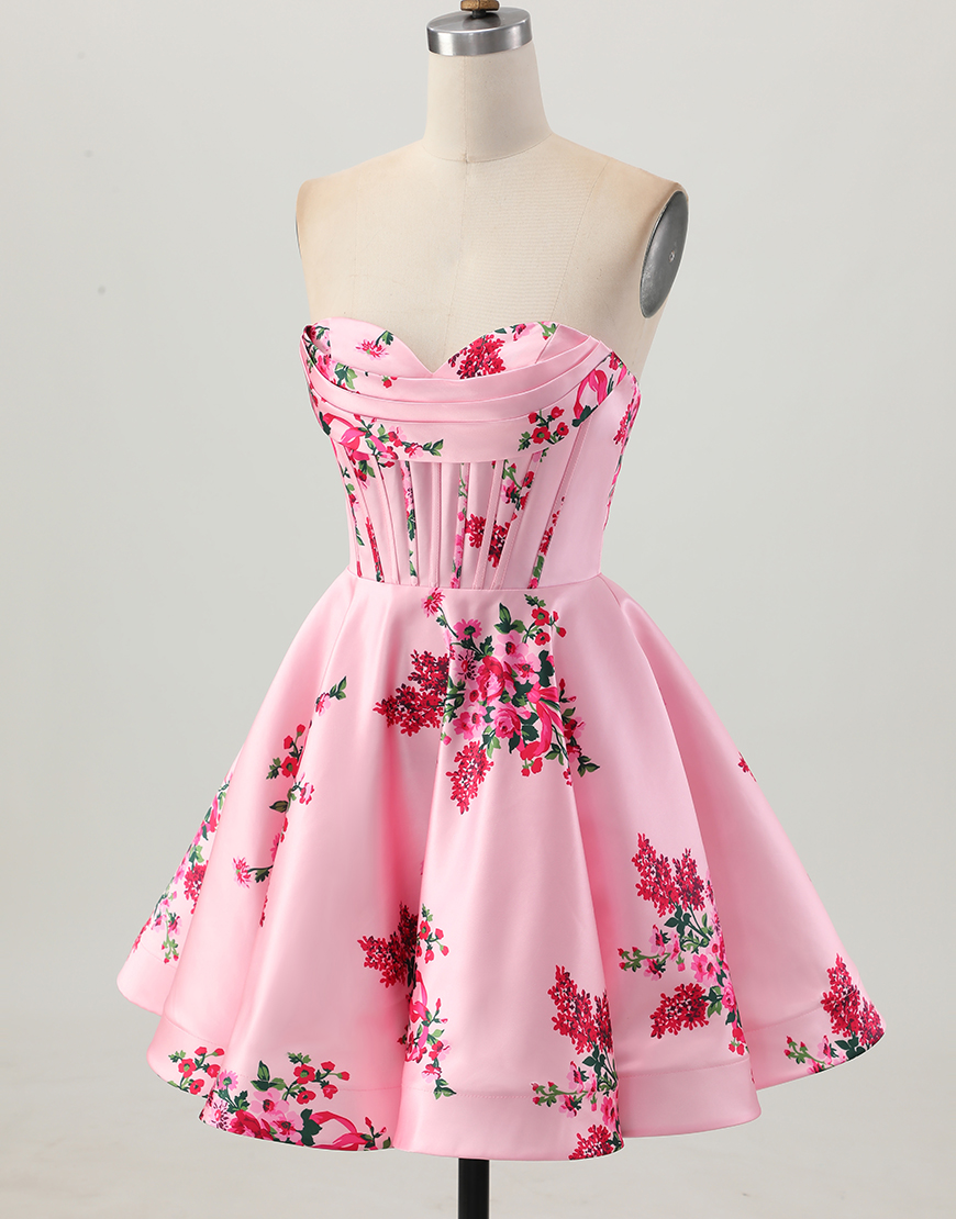 Pink Corset Floral Sweetheart A Line Short Satin Homecoming Dress