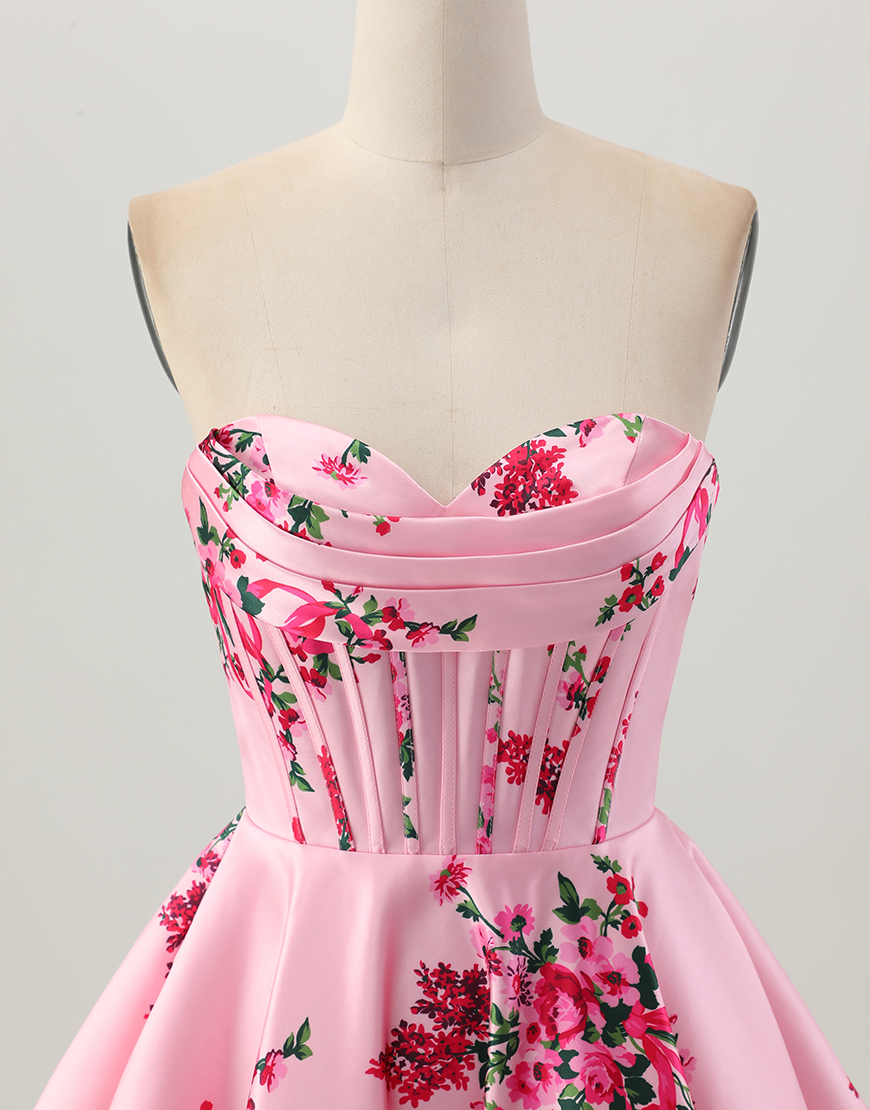 Pink Corset Floral Sweetheart A Line Short Satin Homecoming Dress
