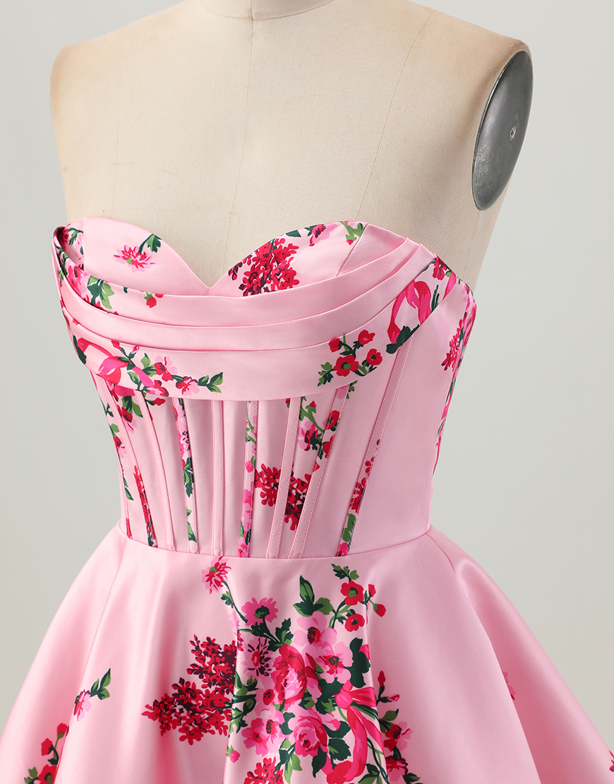 Pink Corset Floral Sweetheart A Line Short Satin Homecoming Dress
