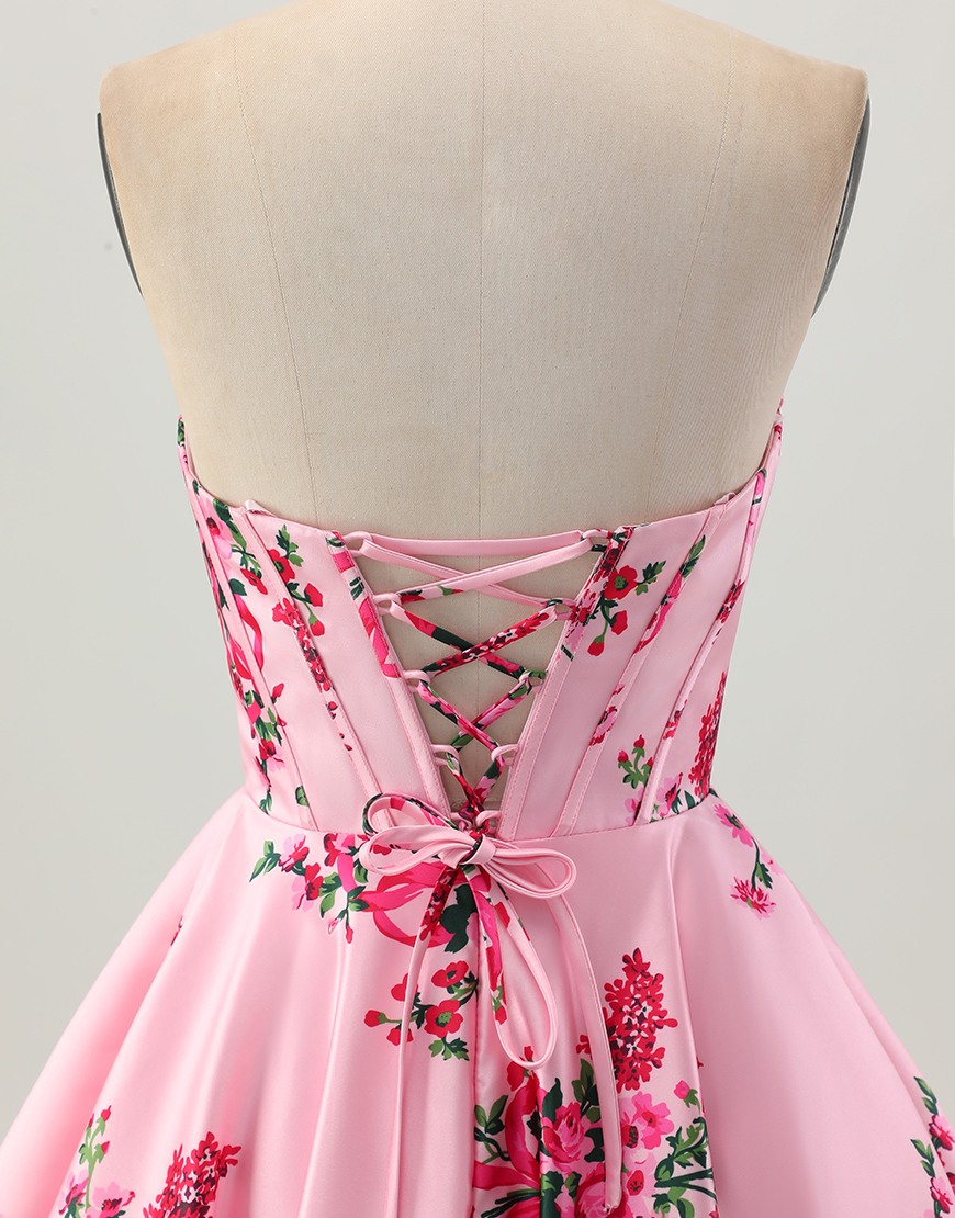 Pink Corset Floral Sweetheart A Line Short Satin Homecoming Dress