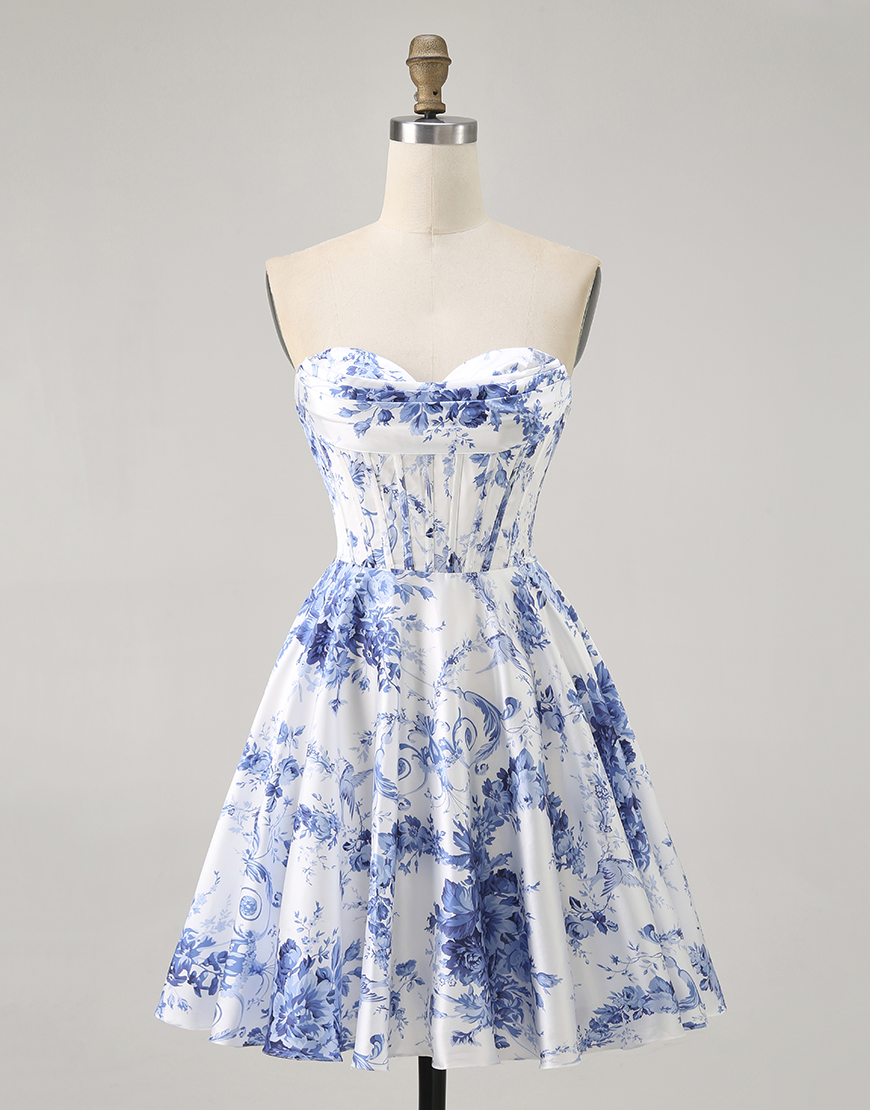 White Blue Flower A Line Short Corset Homecoming Dress