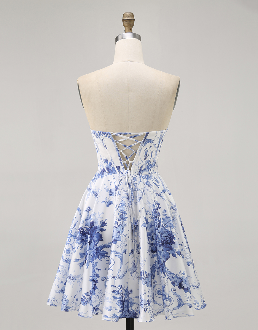 White Blue Flower A Line Short Corset Homecoming Dress